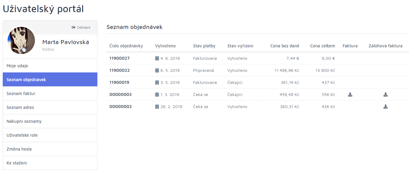 Seznam objednávek v&nbsp;uživatelském profilu